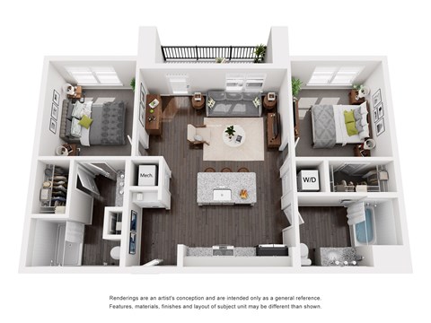 Floor plan for 2 beds, 2 baths, 980 sqft